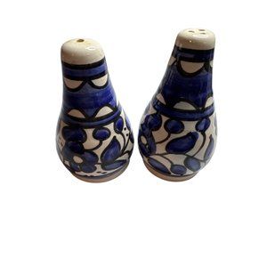 Armenian Ceramic Salt and Pepper Shakers Hand Painted Blue and White Design